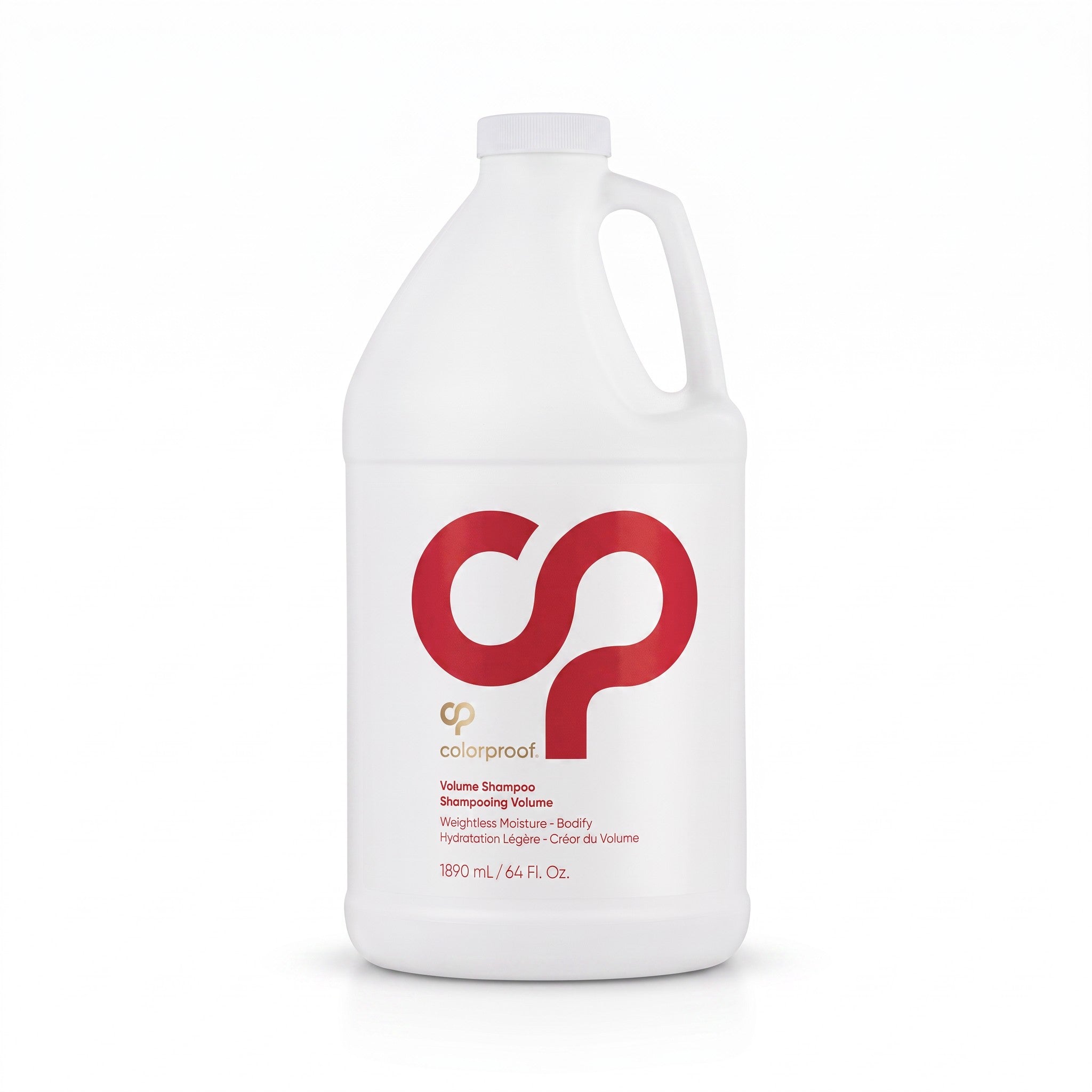 A large white plastic jug of Colorproof Volume Shampoo with a white cap and handle, featuring a prominent red stylized 'cp' logo on the front label.