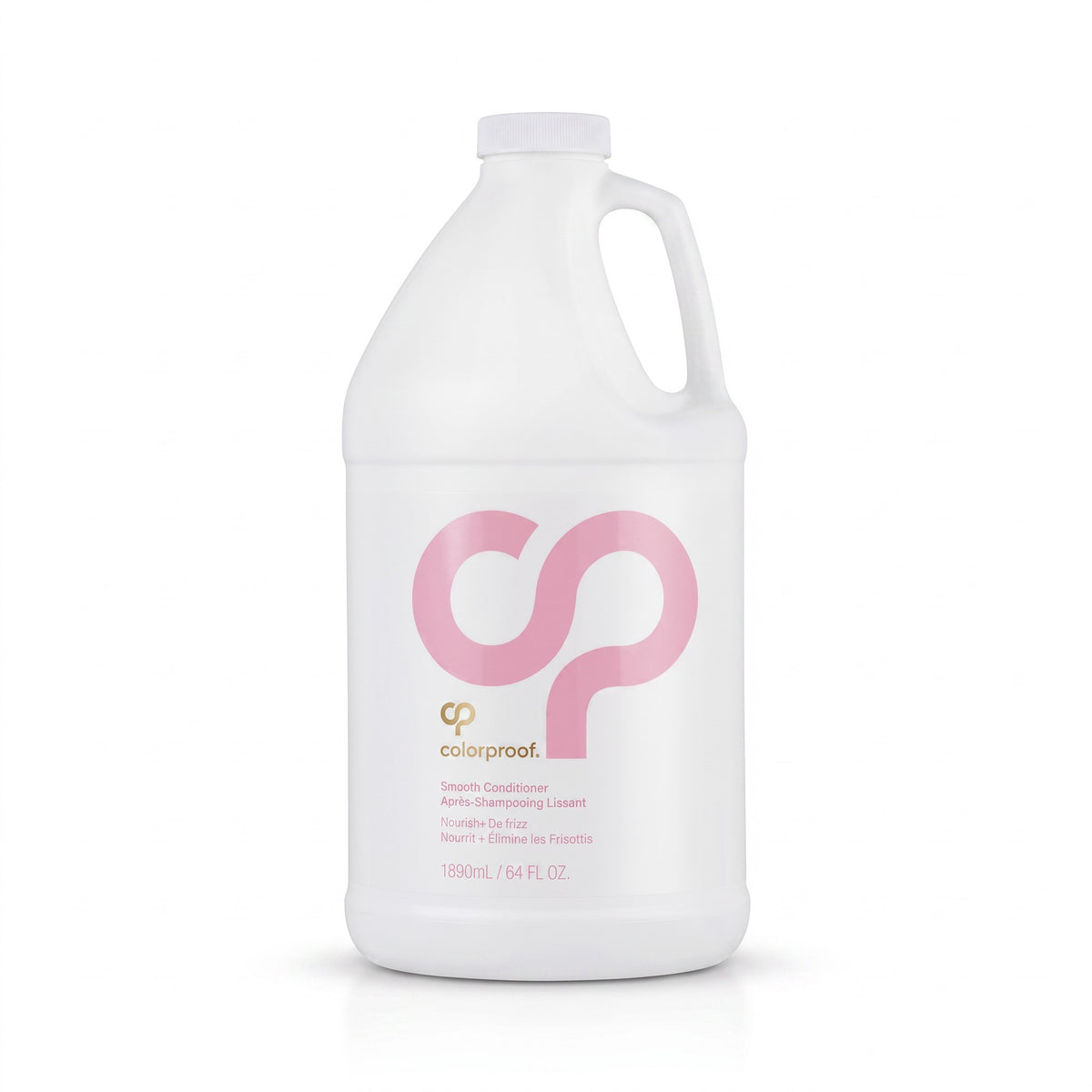 A large white plastic bottle of colorproof Smooth Conditioner with a handle, featuring a pink stylized logo and gold brand text on the front, set against a plain white background.