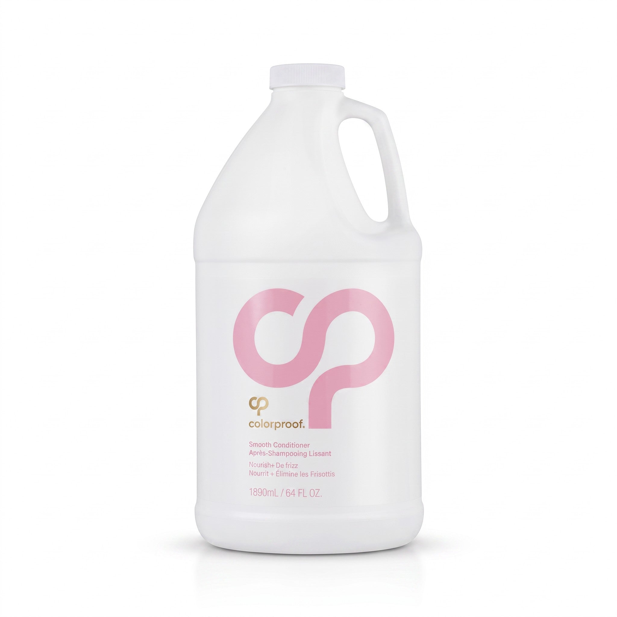 A large white plastic bottle of colorproof Smooth Conditioner with a handle, featuring a pink stylized logo and gold brand text on the front, set against a plain white background.