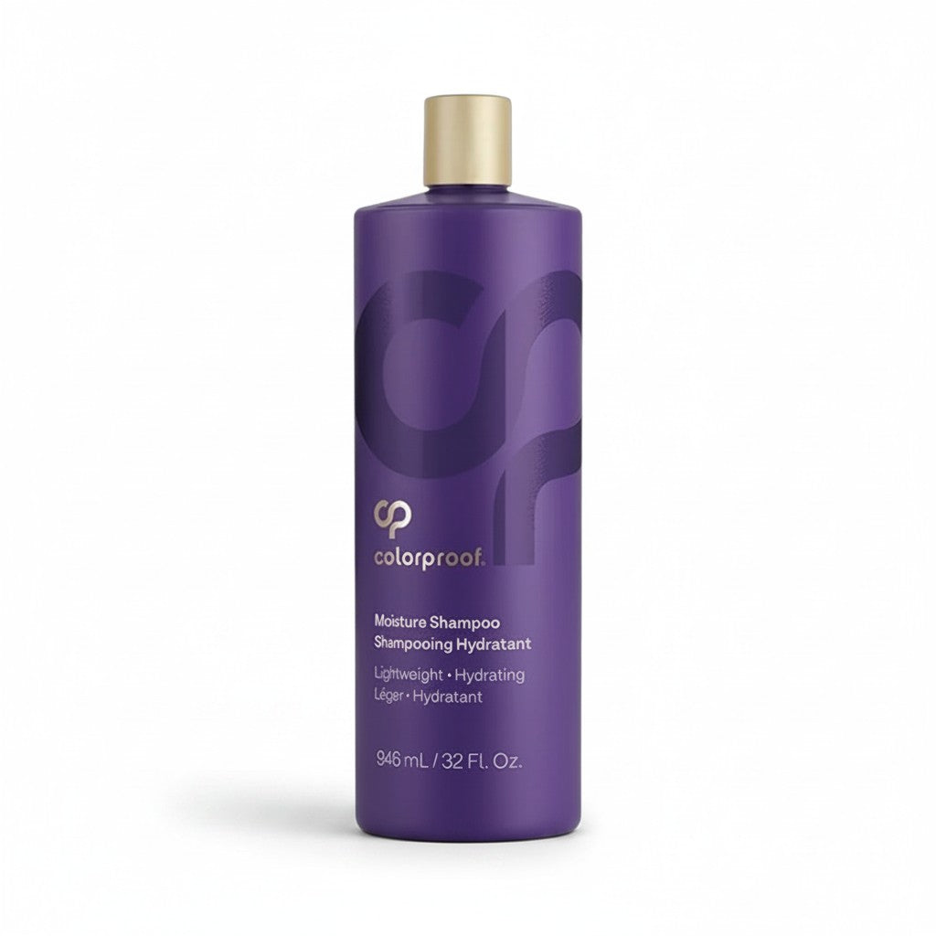 A purple bottle of Colorproof Moisture Shampoo with a metallic gold cap, centered on a clean white background.