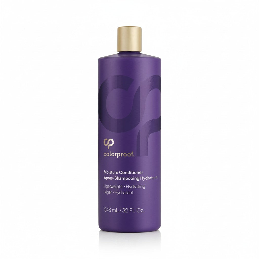 Purple conditioner bottle with gold cap on a white background