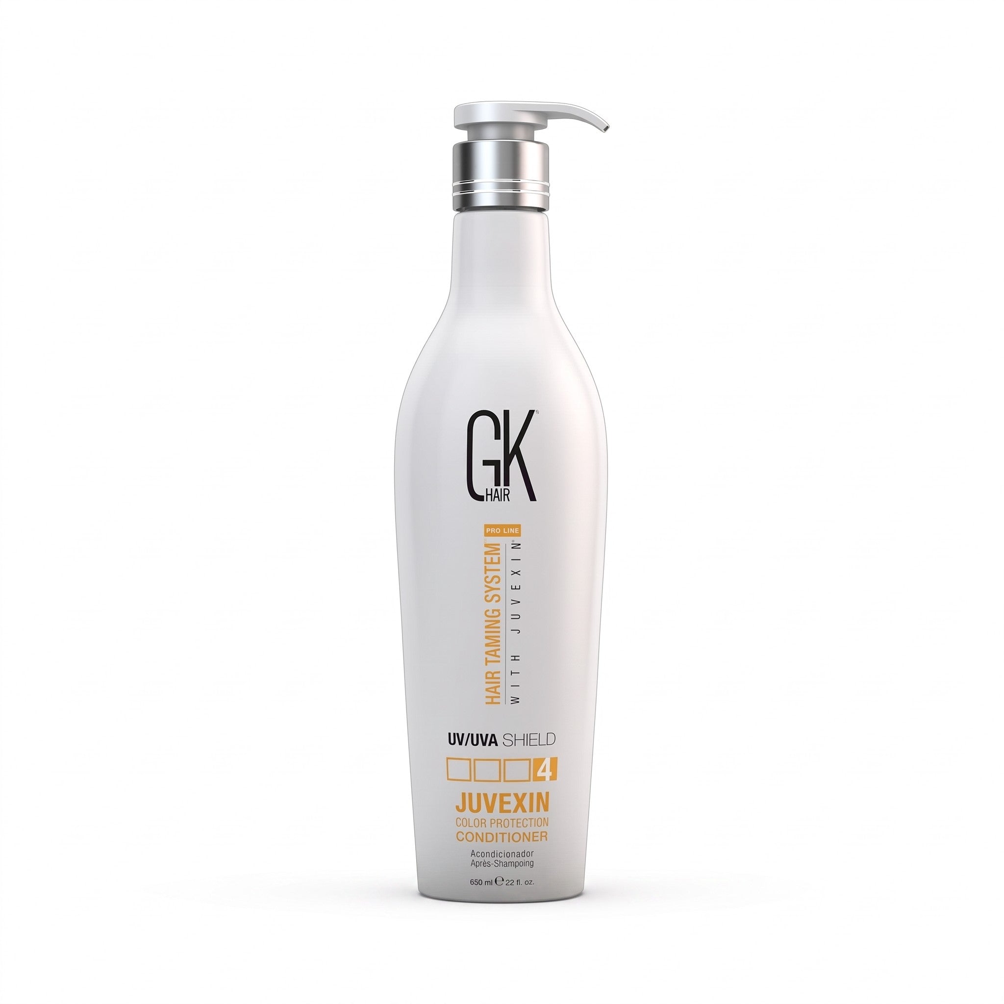 A 500ml white pump bottle of GK Beauty Uvuva Shield Juvexin Color Protection Conditioner, featuring a silver pump and black and orange text on the label, set against a plain white background.
