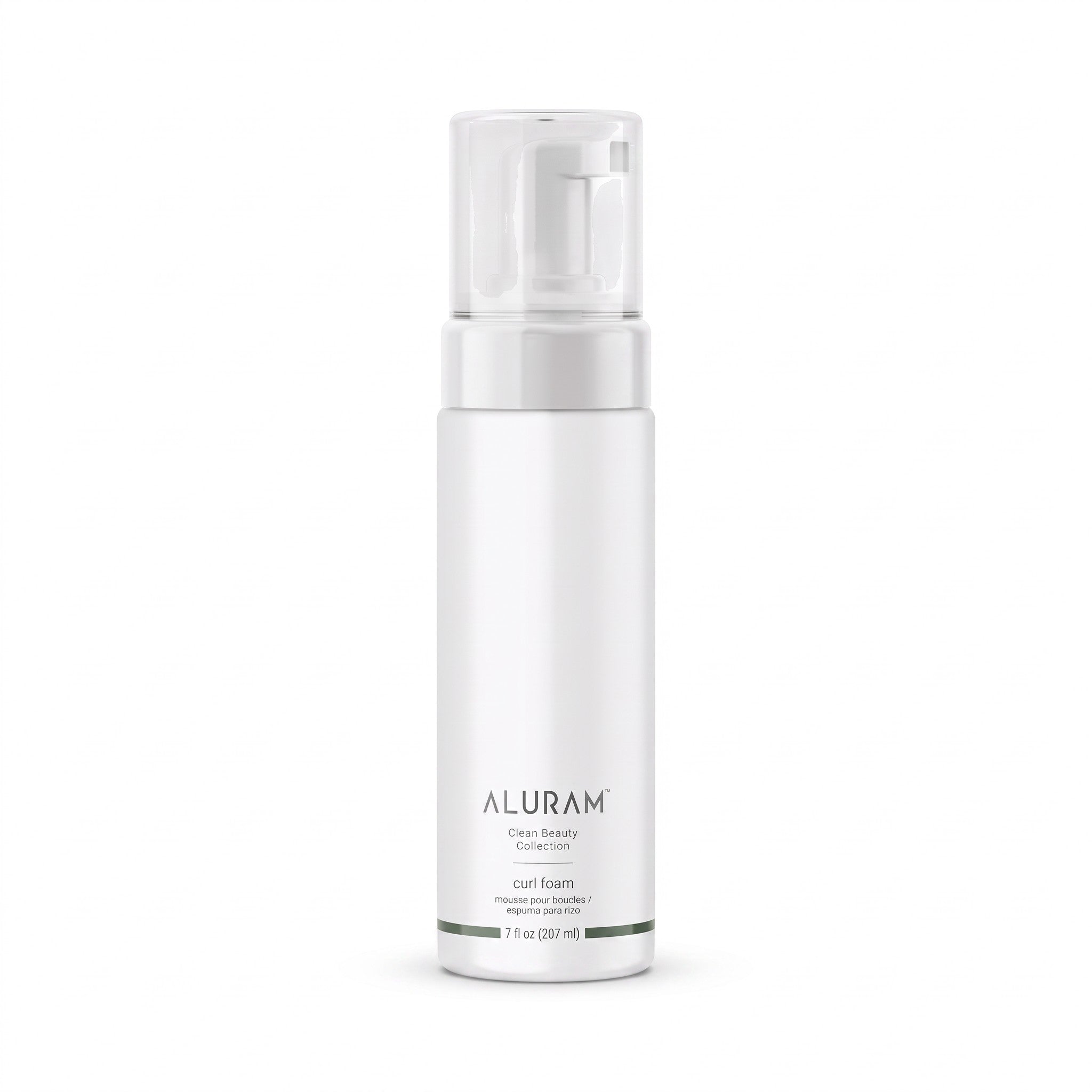 A white cylindrical pump bottle of ALURAM Curl Foam on a clean white background.