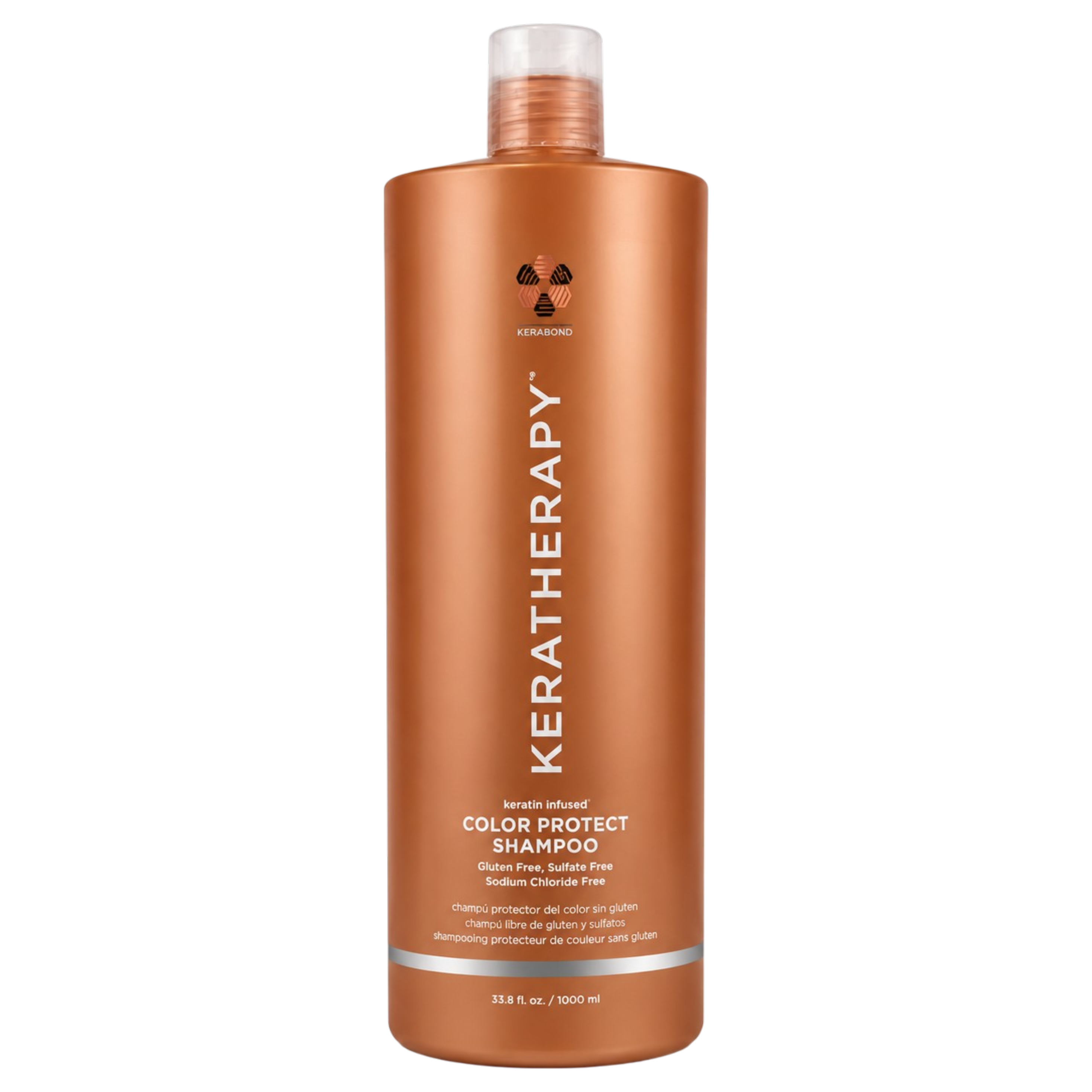 A tall bottle of Keratherapy Color Protect Shampoo in a metallic copper-orange color, with a clear cap, on a solid white background.