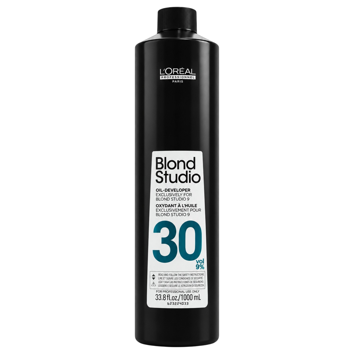 A 1000 mL black bottle of L'Oréal Professionnel Paris Blond Studio 30% peroxide hair developer on a solid white background.