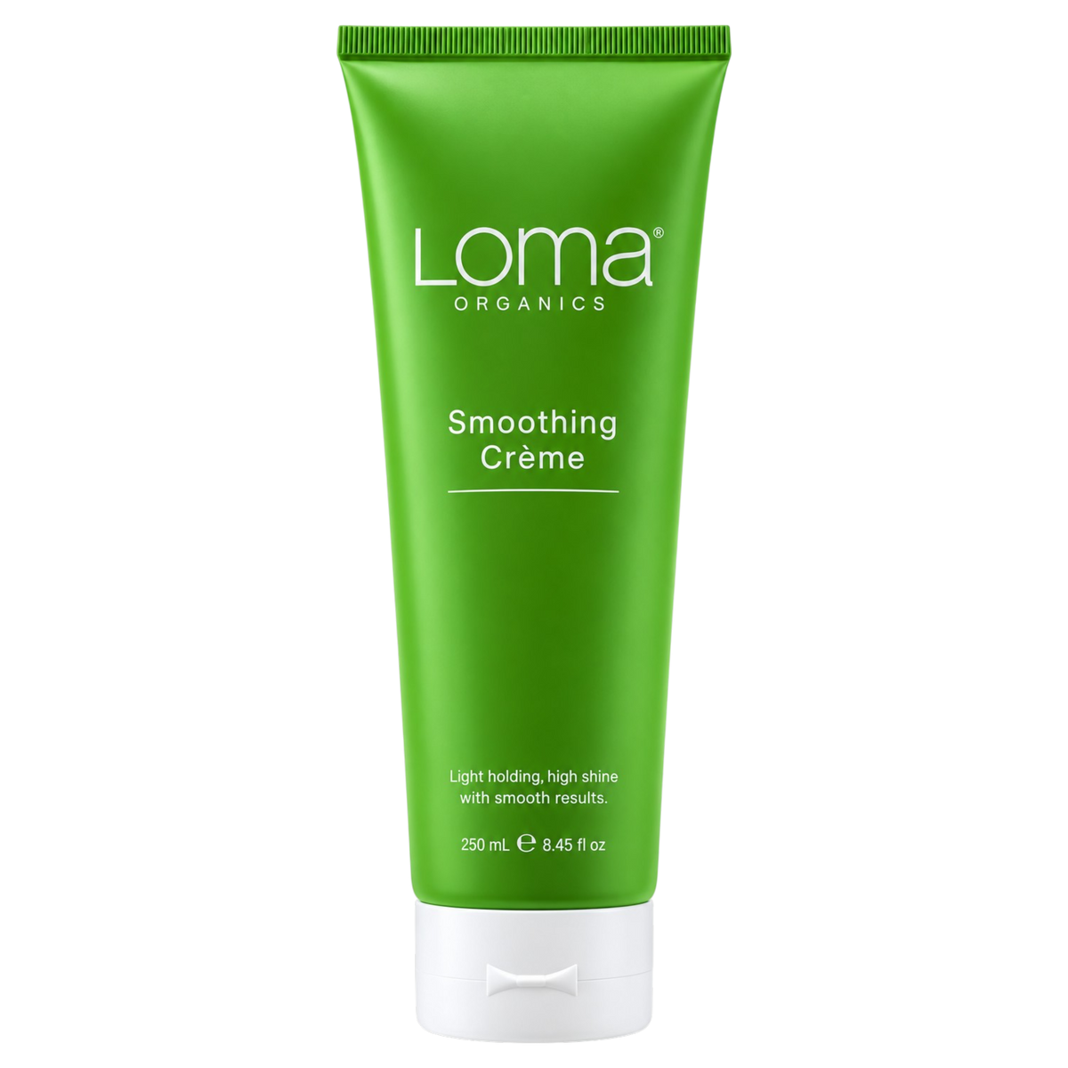 A green squeeze tube of Loma Organics Smoothing Crème with a white flip-top cap, centered on a plain white background.