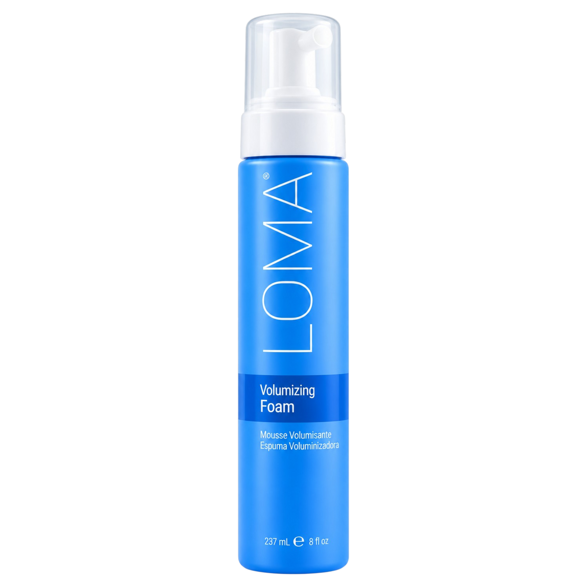 A blue pump bottle of LOMA Volumizing Foam with a clear cap, shown on a plain white background.